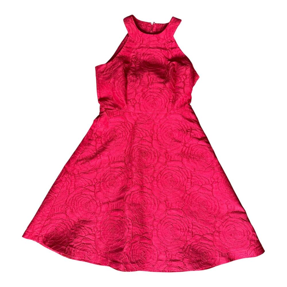 Calvin Klein Red Textured Rose Jacquard A-Line Cocktail Dress Size 4 Lined EUC